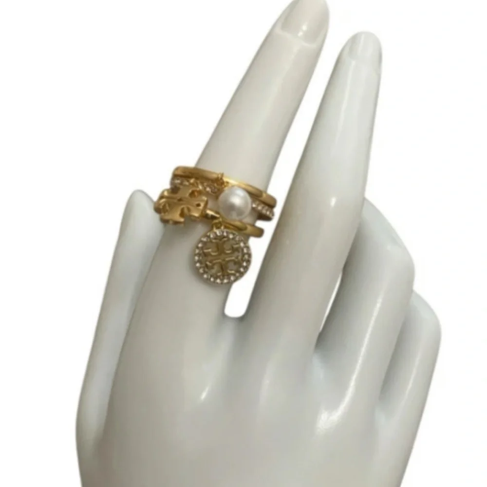 Tory Burch Miller Pave Charm Stack Ring Gold NWT $148